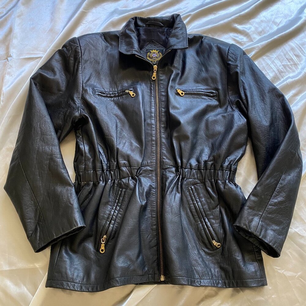 Vintage 1990s Black Leather Cinched Waist Moto Jacket Medium Pockets